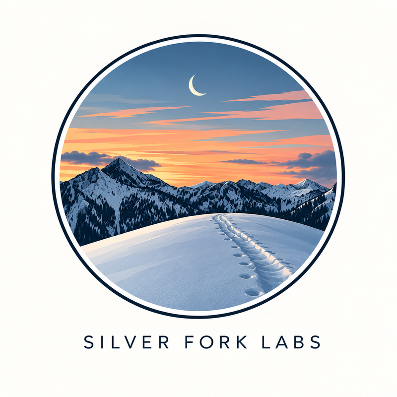 Silver Fork Labs: a snowy mountain trail beneath a sunset and crescent moon